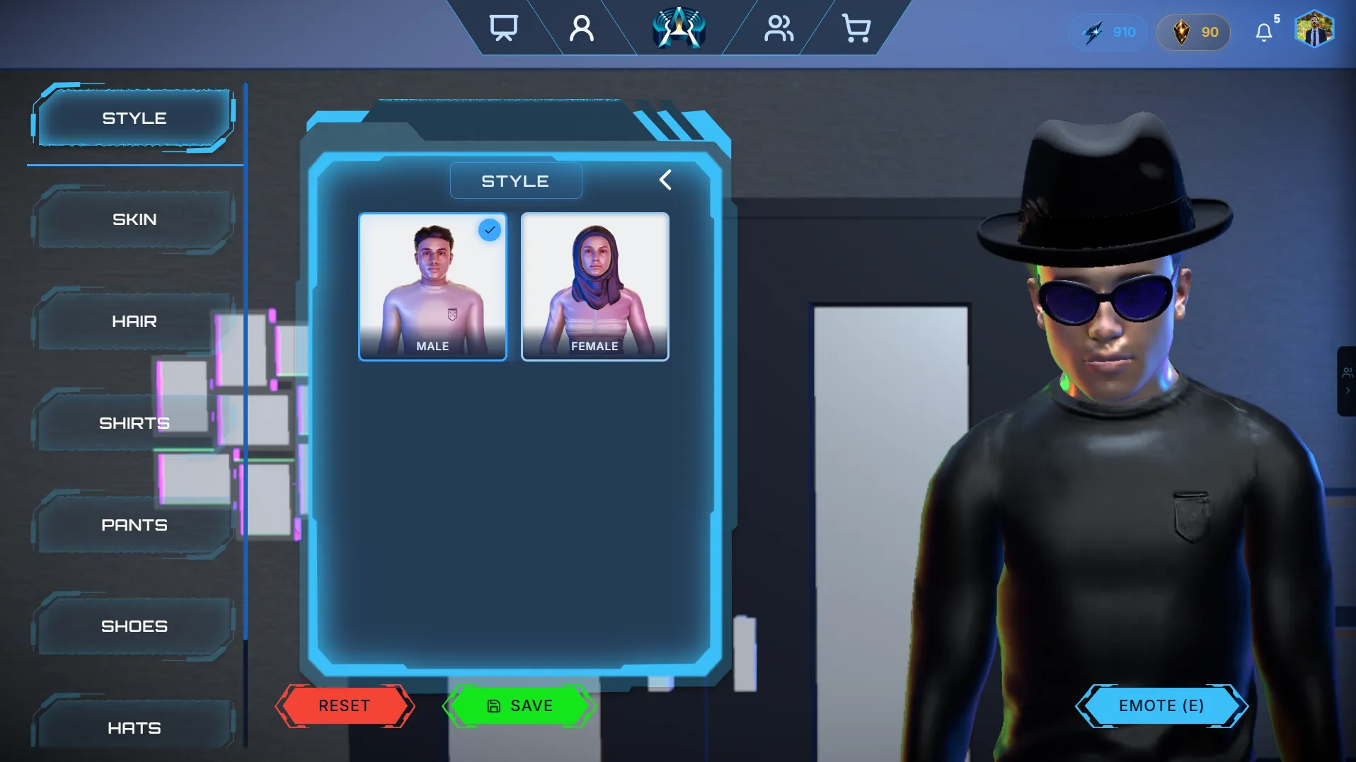 Avatar customization screen with style, skin, hair, shirt, pants, shoe and hat options, including a hijab option