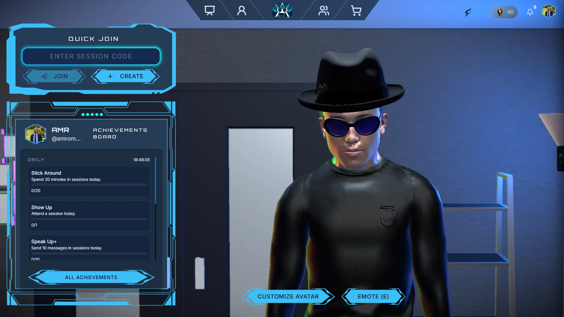 The Aularis hub screen with quick-join, an achievements board, and a customizable 3D avatar