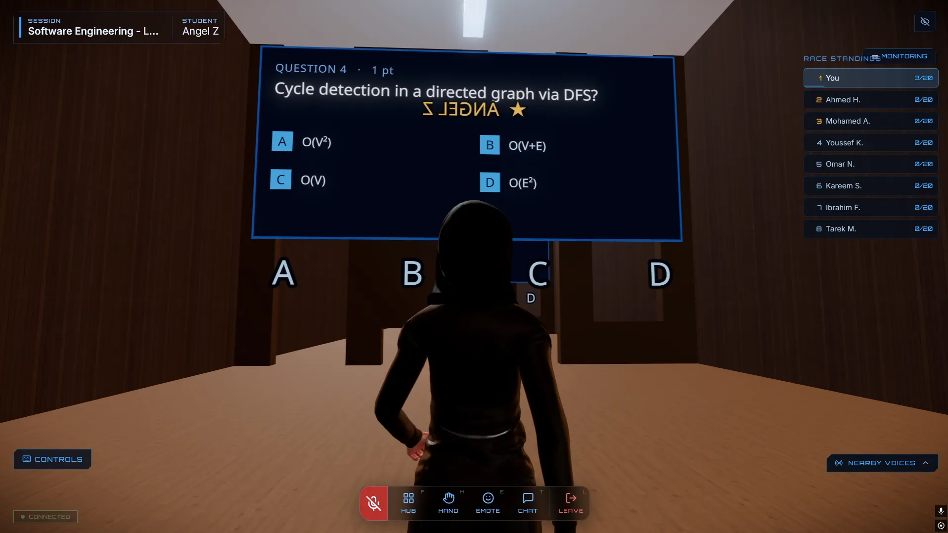 An in-world quiz overlay with a data-structures question and four floor-marked answer zones, plus a live race-standings panel