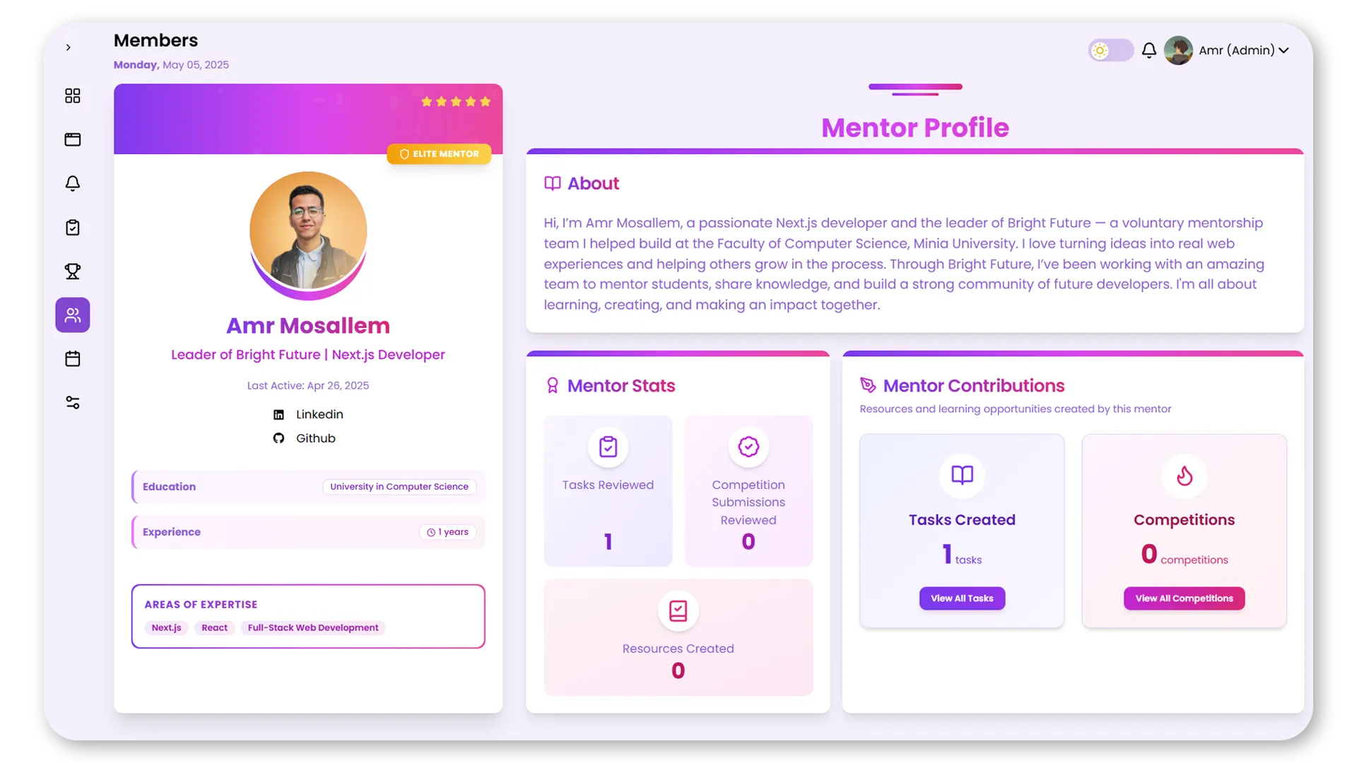 Amr's own mentor profile on the platform, showing an Elite Mentor badge, a 5-star rating, and mentoring stats