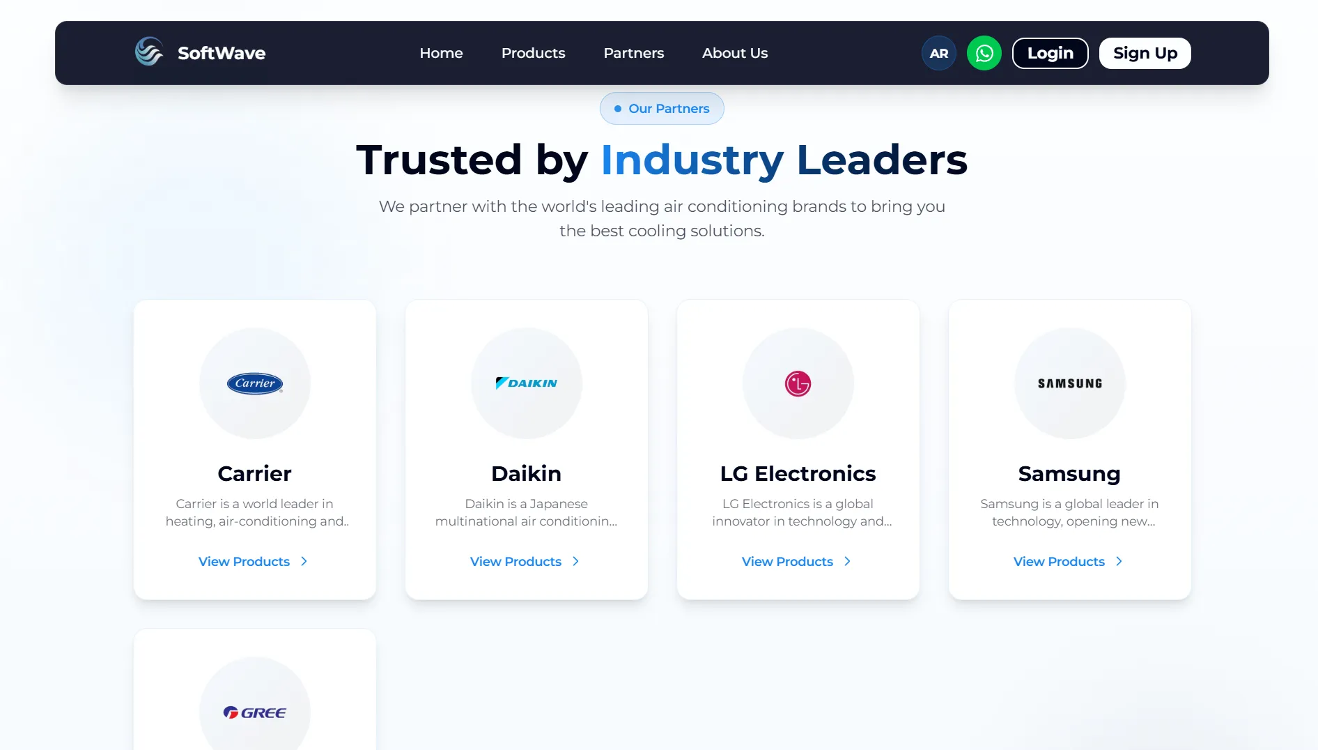 Trusted by Industry Leaders section listing Carrier, Daikin, LG, Samsung and Gree