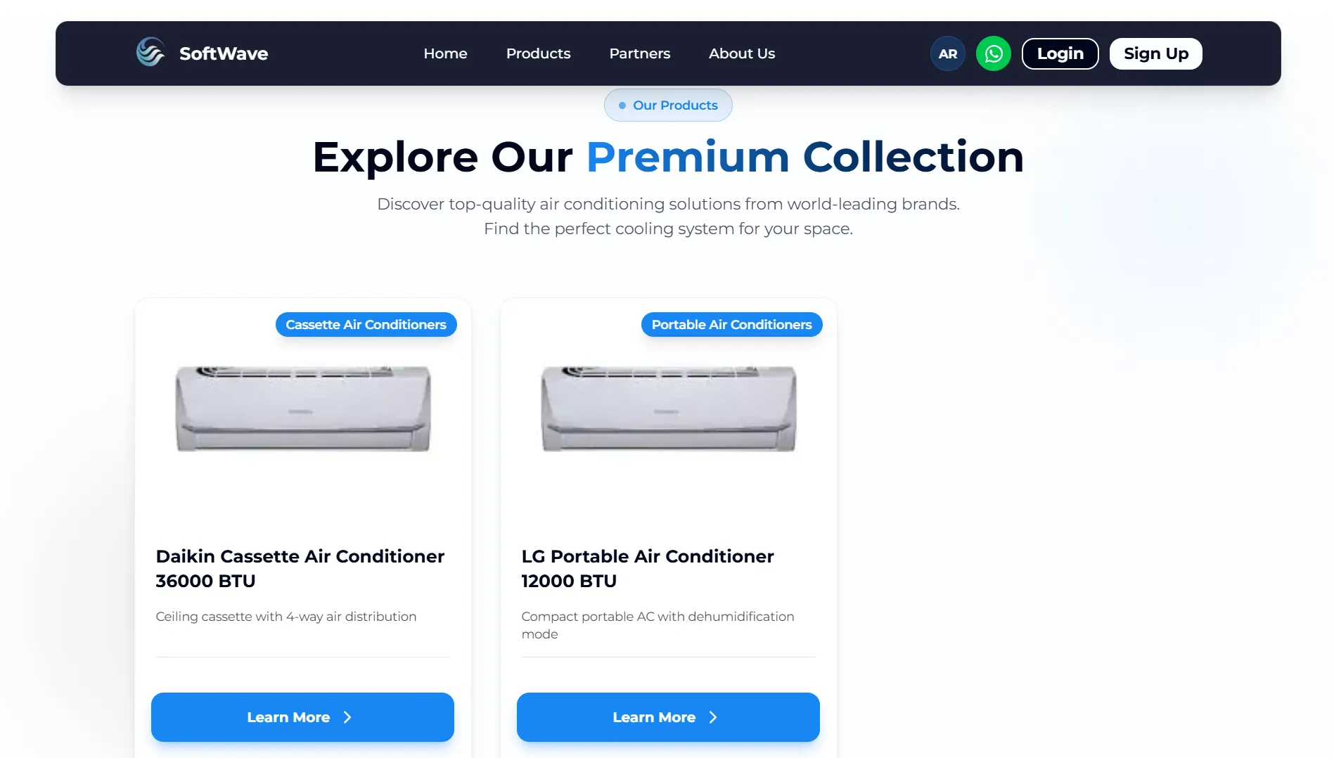 Product collection page titled "Explore Our Premium Collection" showing Daikin and LG unit cards with BTU specifications