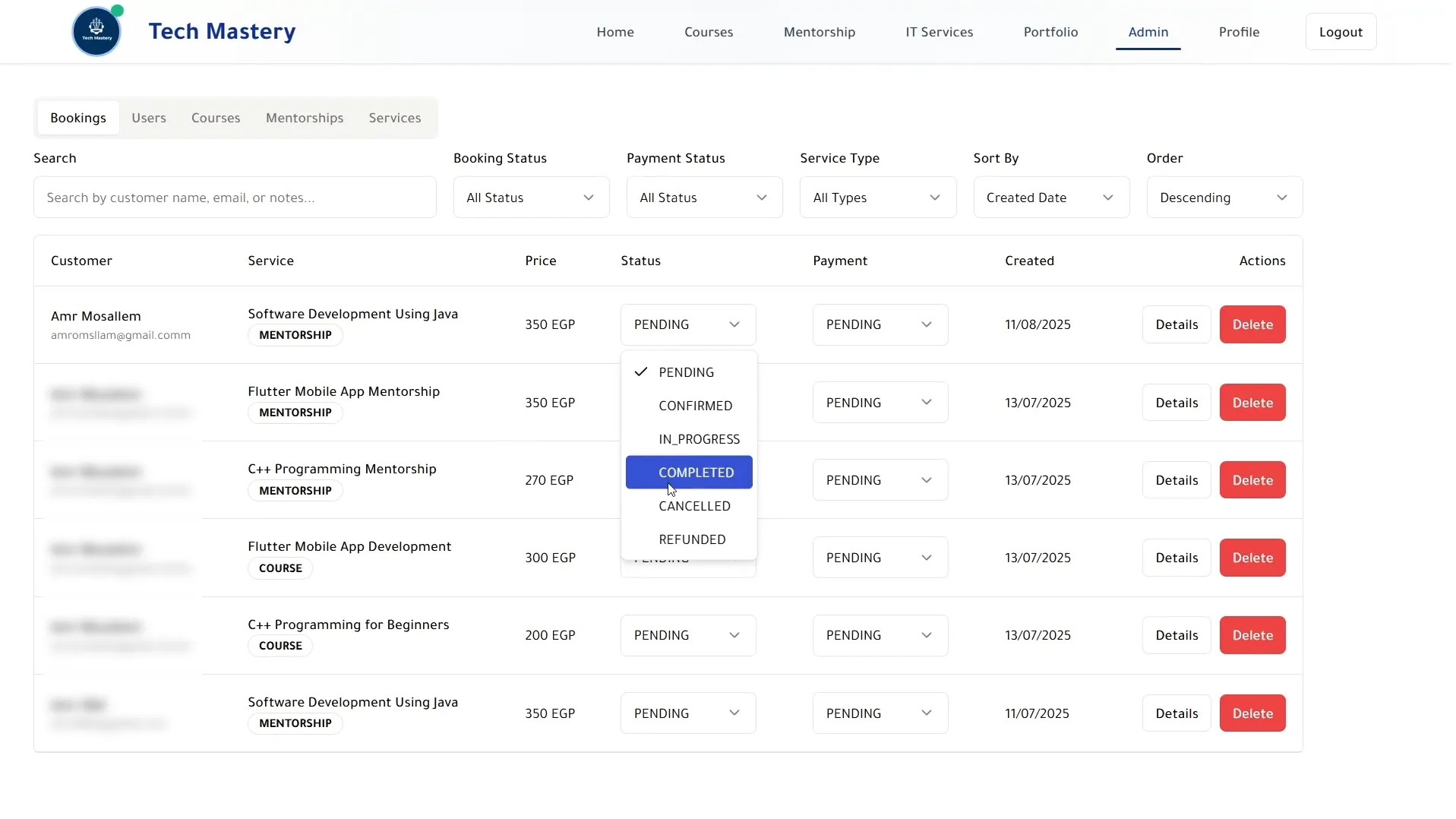 Admin bookings table with a status dropdown covering pending, confirmed, in progress, completed, cancelled and refunded states