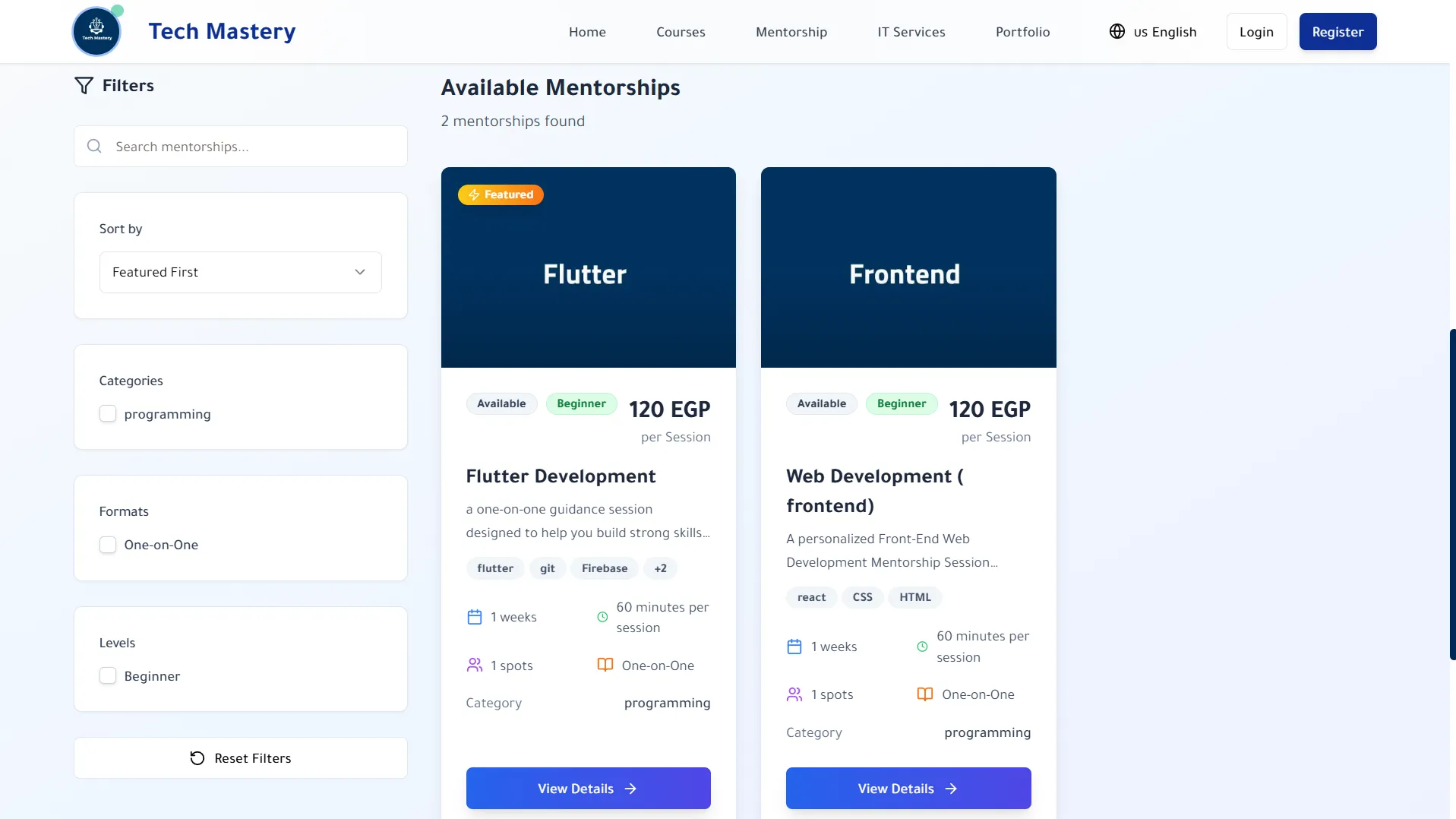 Three mentorship cards listing price in EGP, duration in weeks, session count, session length, one-on-one format and capacity of 10