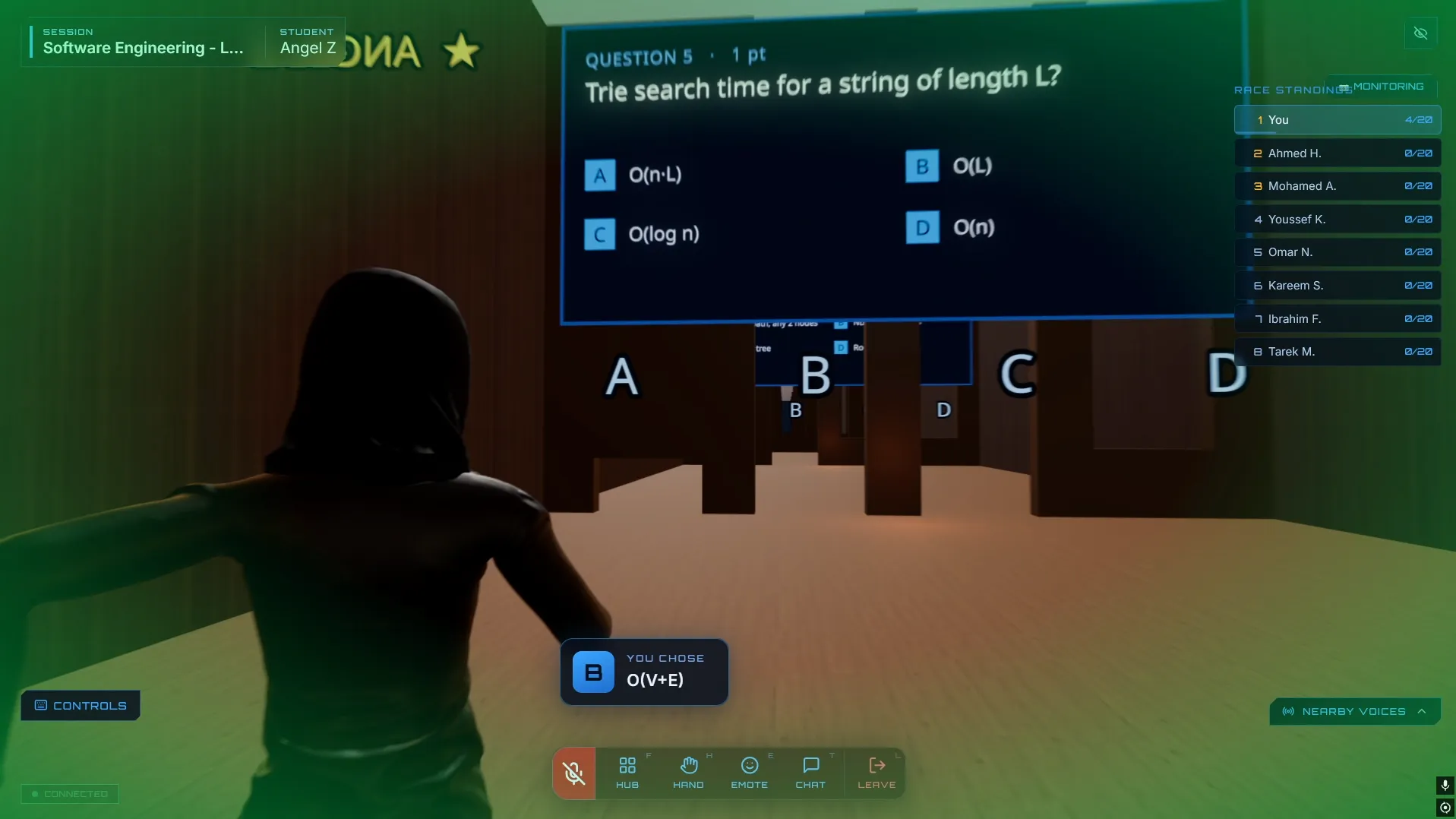 A player standing in the correct answer zone, which is highlighted as scoring