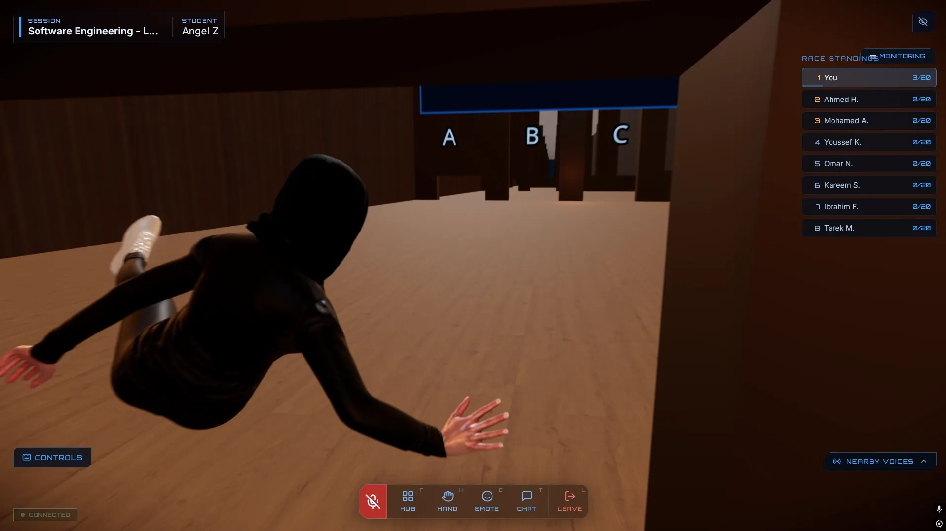 An in-world quiz question with four answer zones sliding into position across the lecture-hall floor